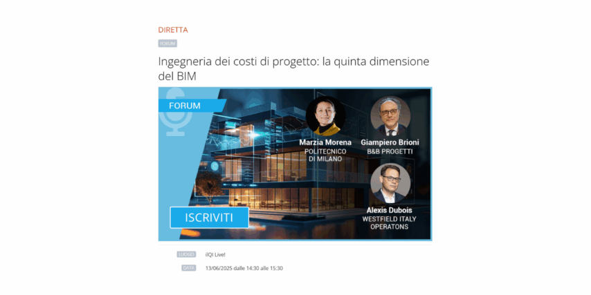 📣 INGEGNERIA DEI COSTI: LA QUINTA DIMENSIONE DEL BIM – VENERDì 13 GIUGNO